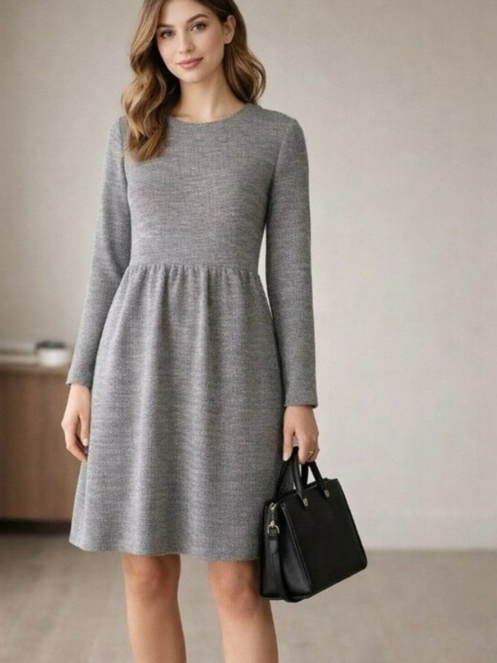 LOFT Gray Textured Long-Sleeve Knit Fit-and-Flare Dress
